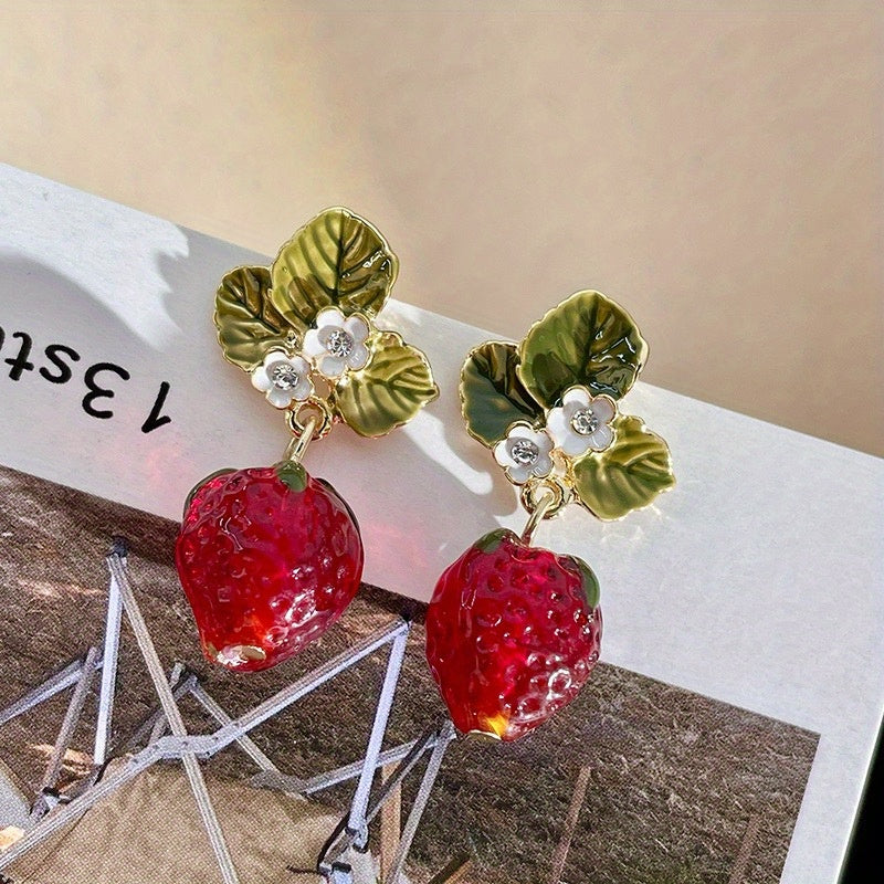 Années 60 Boucles d'Oreilles Rétro Fraises Strass - Ma Penderie Vintage