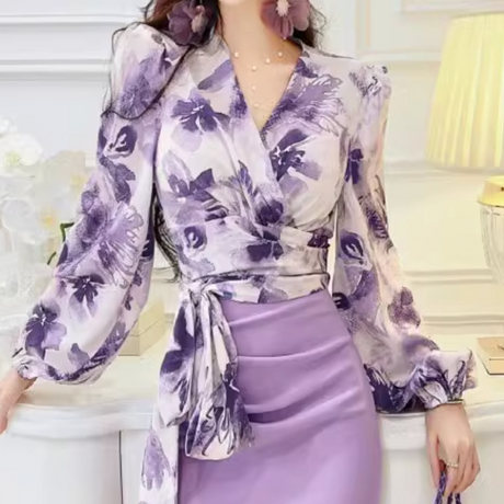 1930's Crossover Floral Print Blouse